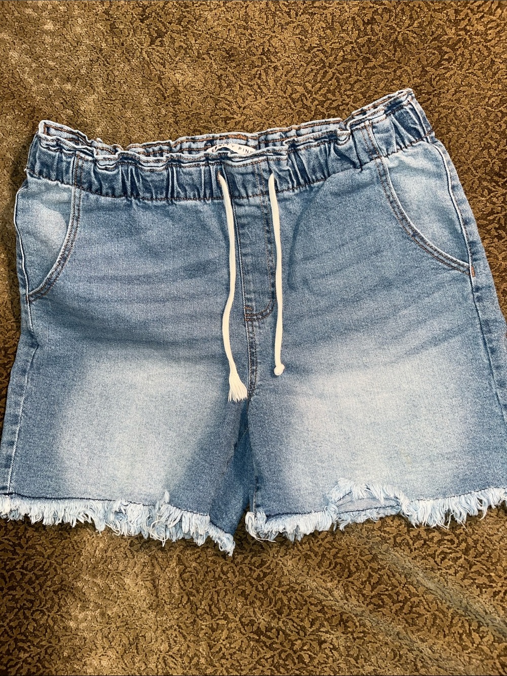 Celebrity Pink Light Blue Elastic Waist Denim Shorts with Frayed Hem